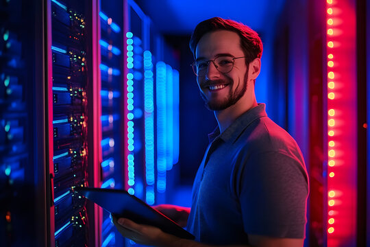 Smiling IT technician holding a tablet in a server room with blue and red lights