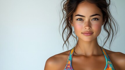 Portrait of a fit and beautiful fitness woman wearing a colorful sports bra, with her hair tied back, isolated on a white background