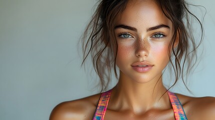 Portrait of a fit and beautiful fitness woman wearing a colorful sports bra, with her hair tied back, isolated on a white background