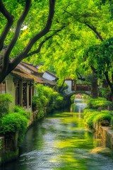 Fototapeta premium A river running through a lush green forest next to a bridge