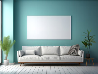 Eyecatching The mock up frame canvas and furniture design are set against a blue wall