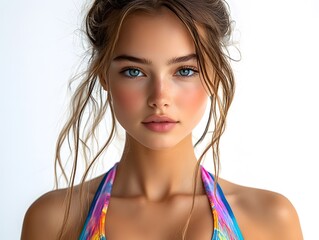 Portrait of a fit and beautiful fitness woman wearing a colorful sports bra, with her hair tied back, isolated on a white background