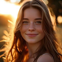 Fototapeta premium a woman with long brown hair standing in a field