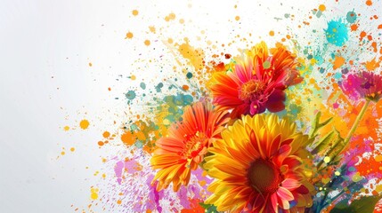 Vibrant flowers with colorful splashes in a bright background