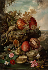 painting of a still life of fruit and flowers on a rock