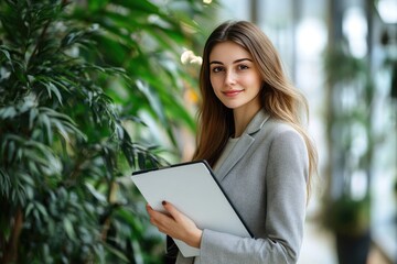 Obraz premium Portrait of a Smiling Woman Holding a Tablet in a Modern Office Setting