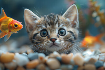 Cute little kitten with goldfish in aquarium. Animal theme, adorable kitty cat wallpaper, generative ai