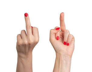 fuck rude gesture, sign with middle finger isolated on white background, transparent png