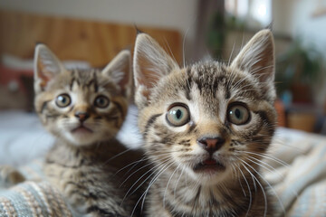Cute kittens sitting on the bed and looking at camera surprised, funny cute cat wallpaper, generative ai