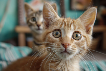Cute ginger kitten with blue eyes. Selective focus on eyes, cute kitty cat background, generative ai