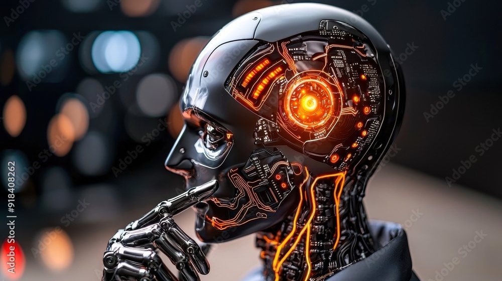 Poster a futuristic robot with intricate circuitry and glowing features, showcasing advanced technology and