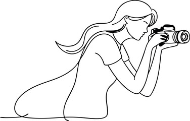 continuous single line drawing of woman with DSLR camera taking pictures, line art vector illustration