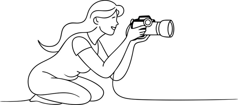 recommend clip art: continuous single line drawing of woman with DSLR camera taking pictures, line art vector illustration