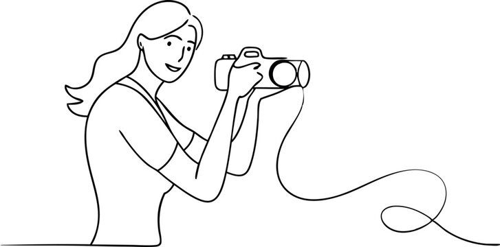 recommend clip art: continuous single line drawing of woman with DSLR camera taking pictures, line art vector illustration