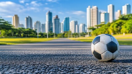 A soccer ball rests on a paved path with a city skyline in the background, showcasing urban sports and outdoor leisure.