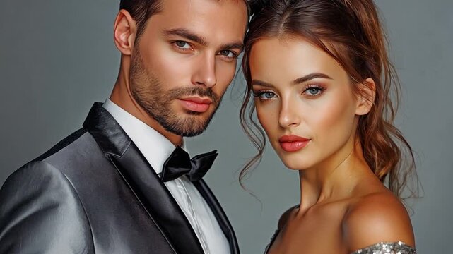 Model Woman and Man in a Fashion Couple. A suave man and a luxury glamour girl wearing silver dresses. Putting on makeup and hair for an evening on a grey background