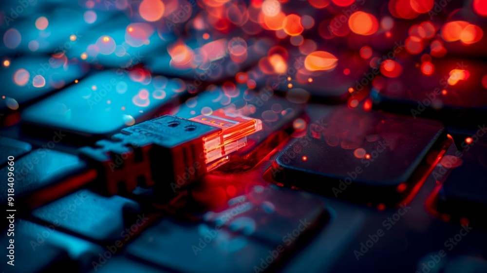Poster close-up view of an ethernet cable placed on a glowing keyboard. the vibrant colors give a neon ligh