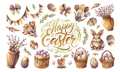 watercolor set with elements of the Easter holiday. Easter bunnies, eggs, spring flowers.