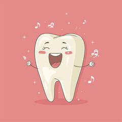 Cute tooth singing with musical notes around it.
