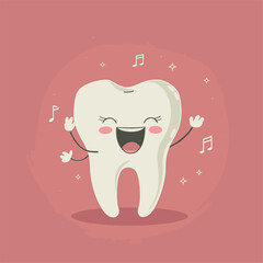 Cute tooth singing with musical notes around it.
