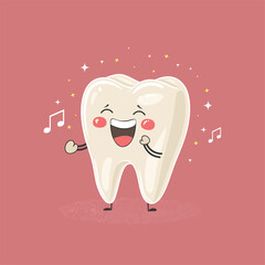 Cute tooth singing with musical notes around it.
