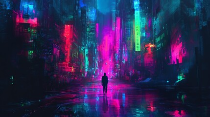 Naklejka premium Futuristic neon cyberpunk cityscape with vibrant colors and a lone silhouette. Digital art capturing a futuristic urban night scene.