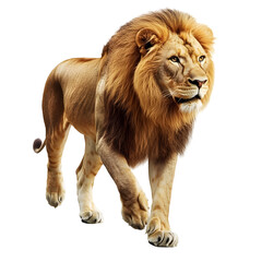 Obraz premium Majestic lion walking in studio with white background,high detail portrait of large male predator transparent png
