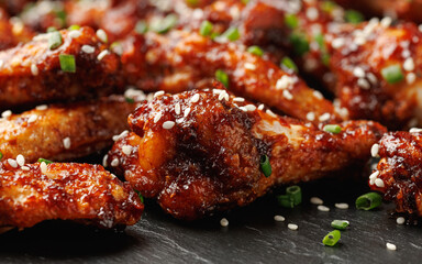 Spicy korean chicken wings with sesame seeds and chives