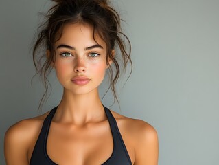 A beautiful fitness woman in a sleek sports bra, with a natural and fresh look, isolated on transparent background