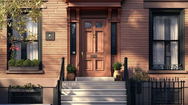 Classic brownstone building with a charming stoop and room for adding text