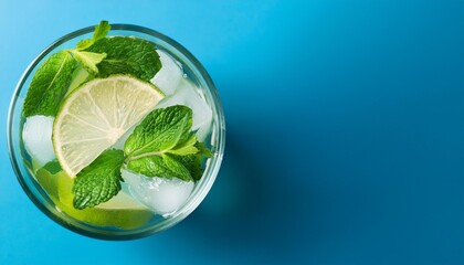 Summer coctail or mocktail mojito with lime and mint leaf on blue background, copy space, vertical, top view