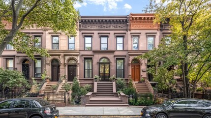 Classic brownstone building with a spacious front stoop and room for copy