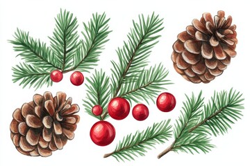 Fototapeta premium Pine branches, pine cones and red berries watercolor illustration.