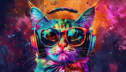 Colorful cat wearing headphones and sunglasses against a vibrant background