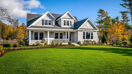 Obraz premium Classic Cape Cod-style house with a neat front yard and room for text