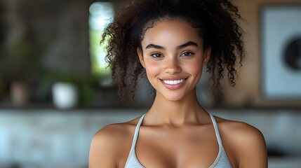 A young fitness woman in a casual sports bra, with a relaxed and happy expression, isolated on transparent background
