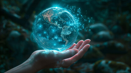 Global network, future technology and hand with hologram for communication, networking or ai. Earth, globe or 3d virtual world for cybersecurity