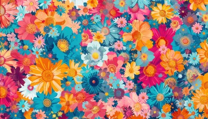 A vibrant array of colorful flowers in a floral pattern showcasing various types against a bright blue background