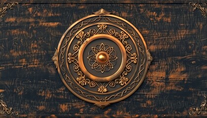 Decorative circular ornament on a textured wooden background with intricate designs and a central pearl