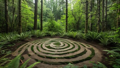 Serene labyrinth in lush forest surrounded by vibrant ferns and towering trees during daylight