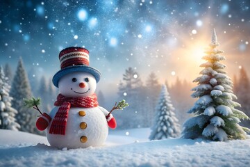 Little knitted snowman on the white snow on blue background.
