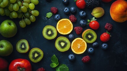 A top-down view of mixed fruits, carefully placed in a flat lay arrangement, creating a visually appealing and fresh composition.