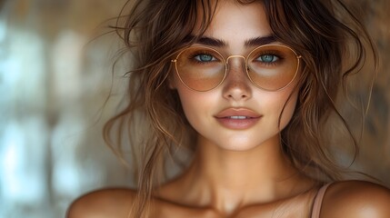 A young brunette in a minimalistic beach bra and trendy sunglasses, showing a gentle smile, isolated on transparent background