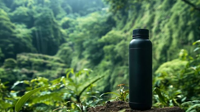A stylish black metal water bottle on a rock, set against a backdrop of towering jungle trees and lush, green undergrowth