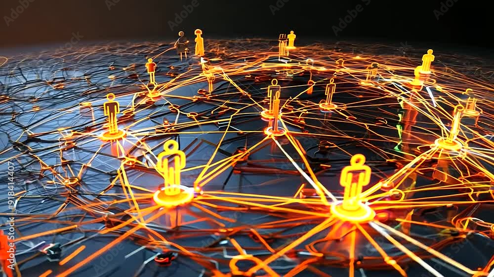 Poster a visually elaborate web of business connections, with luminous nodes and lines, symbolizing profess