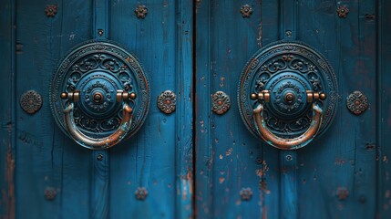 Dark wooden door with antique metal handles  