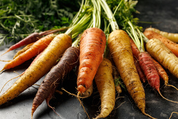 Freshly picked Rainbow carrots from kitchen garden.