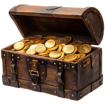 An old wooden treasure chest filled with shiny gold coins, representing wealth, fortune, and pirate adventures.