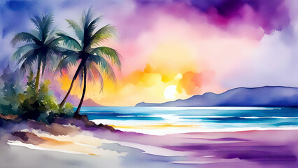 Tropical beach at sunset with palm trees, vibrant skies, and serene ocean views. Watercolor painting.