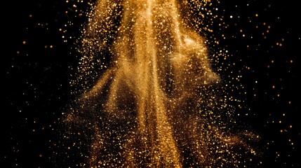 Obraz premium Golden dust particles cascade in dark background. Abstract shimmering gold powder falling gracefully. Artistic and elegant composition perfect for creative and marketing purposes. AI